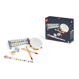 The Janod Juratoys Confetti Musical Set includes a xylophone, drum, recorder, two drumsticks, and a music card. Perfect for role-play, it inspires musical creativity and comes neatly arranged in its vibrant packaging.