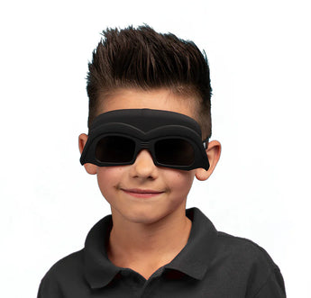 A child wearing Sunstaches Lil Characters Star Wars Darth Vader sunglasses, smiling with a spiky hairstyle, ready for UV adventure!.