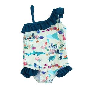Emerson and Friends One Piece Swimsuit, Coral Reef: ruffle trim, UV protection, ocean animals & coral reef print for girls.