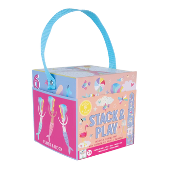 The Stack and Play, Fantasy toy box by Floss and Rock has a blue handle, wooden pieces, playful images, and is for ages 2+.