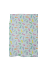 LouLou Lollipops Muslin Swaddle with pastel geometric patterns in pink, blue, green, & yellow is OEKO-TEX Standard 100 certified.