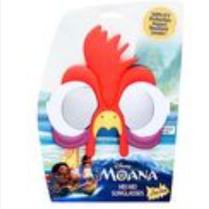 Sunstaches HeiHei Rooster Character Sunglasses in red and yellow feature impact-resistant lenses in ocean-themed Moana packaging.