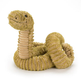 The Jellycat Slither Snake, textured and brown with a smile, rests coiled peacefully on a white background.