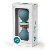 The Simply Silicone Slate rattle by Mary Meyer is teal, food-safe for teething tots, and comes in a white box with a clear window.