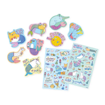 Mer-Made To Party scented stickers by OOLY: featuring narwhals & mermaids with Party words on pastel, cupcake-scented backgrounds.