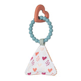 Mary Meyers Soft Squeaker, Heart is a non-toxic teething toy with a silicone heart ring, blue beads, and a soft triangle with heart patterns.