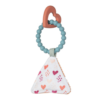 Mary Meyers Soft Squeaker, Heart is a non-toxic teething toy with a silicone heart ring, blue beads, and a soft triangle with heart patterns.