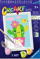 Paint by Number, Little Cactus: dark blue box with photo of cactus illustration, paints, & brush; Text “CreaArt 7+ Little Cactus 1 set."