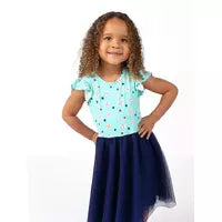 A curly-haired girl smiles in Emerson and Friends Twirl Dress, Baseball Buddies.