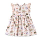 Dress, Eyelet Garden: beige dress with eyelet ruffle sleeves with watering can, wheelbarrow, and flower pattern.
