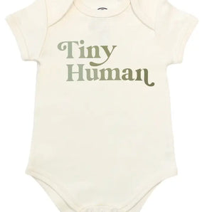 Cream-colored Luxury Bodysuit from Emerson and Friends features Tiny Human in green—perfect for your little one.