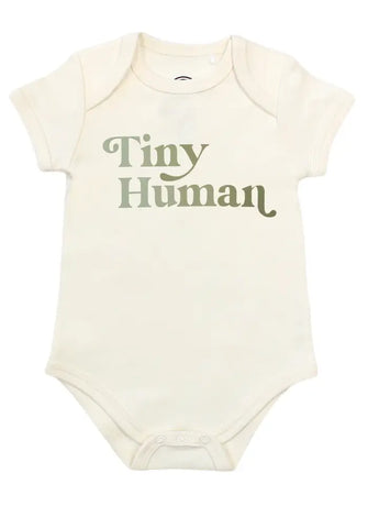 Cream-colored Luxury Bodysuit from Emerson and Friends features Tiny Human in green—perfect for your little one.
