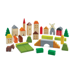 PlanToys Blocks, Country Side lets kids build a colorful town with houses, trees, and a bridge for imaginative play.