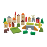 PlanToys Blocks, Country Side lets kids build a colorful town with houses, trees, and a bridge for imaginative play.