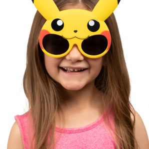 Child in pink sleeveless top, smiling widely wearing Sunstaches Lil Characters Sunglasses, Pokemon Pikachu.
