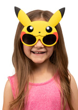 Child in pink sleeveless top, smiling widely wearing Sunstaches Lil Characters Sunglasses, Pokemon Pikachu.