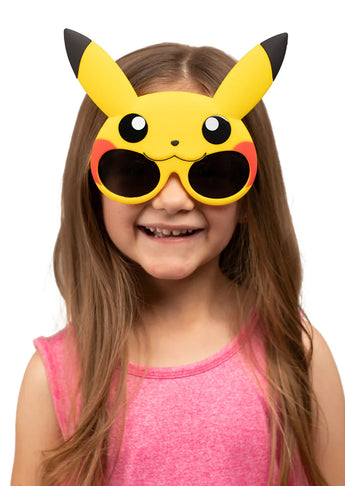 Child in pink sleeveless top, smiling widely wearing Sunstaches Lil Characters Sunglasses, Pokemon Pikachu.