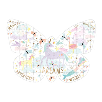 Floss and Rocks 80 Piece Fantasy Puzzle: butterfly shapes with unicorns, birds, and stars to spark kids adventurous dreams.