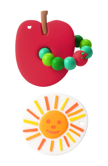 The LouLou Lollipop Eric Carle Apple and Sun Teether Set features a red apple-shaped silicone teether with green beads.