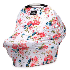 Milk Snobs Cover French Floral: multifunctional cover with pink roses and blue flowers, ideal as a baby car seat cover.