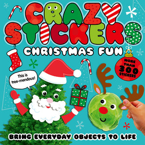 Festive cover with a cartoon tree and reindeer. Text: Christmas Fun Sticker Book by Random House, Bring Everyday Objects to Life.