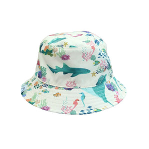 Emerson and Friends Reversible Bucket Hat, Coral Reef: features sharks, fish, coral & seaweed in a vibrant ocean print.