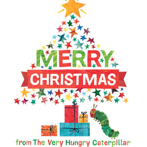 A Christmas tree with colorful stars, Merry Christmas text, and The Very Hungry Caterpillar beside stacked gifts from Random House.