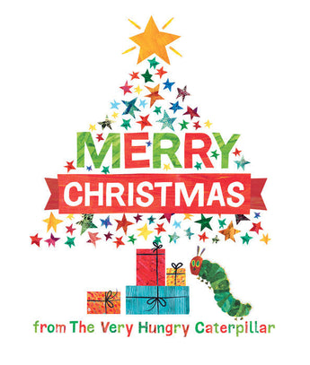 A Christmas tree with colorful stars, Merry Christmas text, and The Very Hungry Caterpillar beside stacked gifts from Random House.