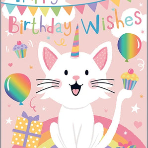 Adorable Gina B Designs Birthday Card, Kitty with unicorn cat, cupcake, balloons, gifts & rainbow. A perfect greeting!.