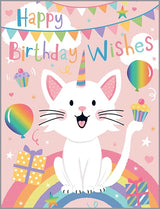 Adorable Gina B Designs Birthday Card, Kitty with unicorn cat, cupcake, balloons, gifts & rainbow. A perfect greeting!.