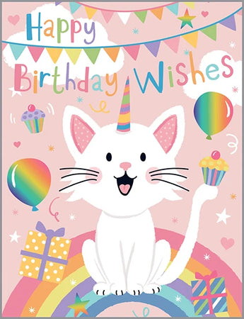 Adorable Gina B Designs Birthday Card, Kitty with unicorn cat, cupcake, balloons, gifts & rainbow. A perfect greeting!.