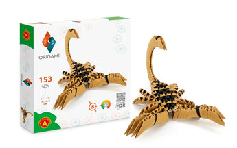 3D Origami, Scorpion by Hotaling Imports: Brown design kit with basic modules, cut shapes, 8+ age. Packaging showcases the model.
