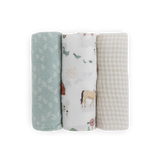 LouLou Lollipop Cotton Swaddle Set, Farmyard: 3 breathable muslin swaddles in green zigzag, animal print, and beige checkered patterns.