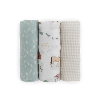 LouLou Lollipop Cotton Swaddle Set, Farmyard: 3 breathable muslin swaddles in green zigzag, animal print, and beige checkered patterns.