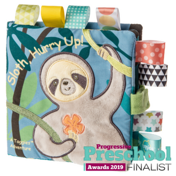 Mary Meyers Soft Book, Molasses Sloth with textured tabs boosts infant development; a 2019 Taggies books award finalist.