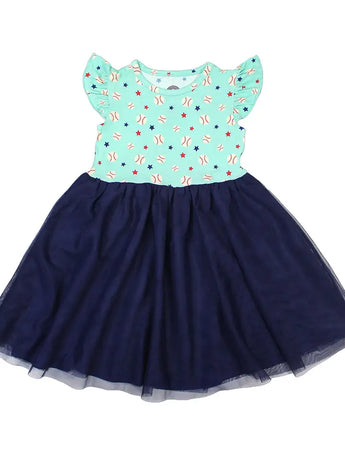 A childs Baseball Buddies twirl dress by Emerson and Friends with a blue star and bow top and navy tulle skirt.