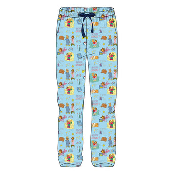 Emerson and Friends Adult Bamboo Lounge Pants, Good Night Arthur, feature a light blue design with cartoon animals and playful text.