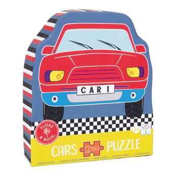 Floss and Rocks 12 Piece Puzzle, Cars features a red cartoon car CAR 1 with a checkerboard pattern to boost kids cognitive skills.