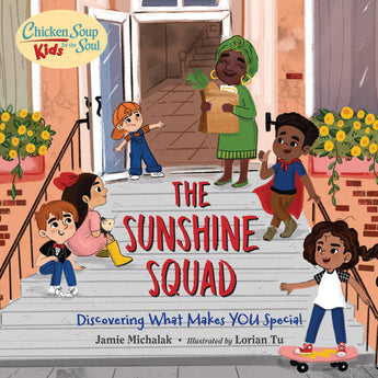 Kids on steps with a woman holding books by a building. The Sunshine Squad shines amid flowers and greenery.