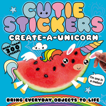 The Random House Cutie Stickers: Create-a-Unicorn book features stickers, a watermelon unicorn, and text bubbles on a bright blue background.
