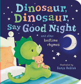 A young dinosaur cuddles a teddy bear under a starry sky in Dinosaur Dinosaur Say Good Night by Random House—perfect bedtime gift!.
