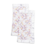 The Lulujo Inc. Security Blanket, Unicorn, includes two muslin blankets with white satin trim and a pink unicorn floral design.