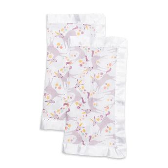 The Lulujo Inc. Security Blanket, Unicorn, includes two muslin blankets with white satin trim and a pink unicorn floral design.