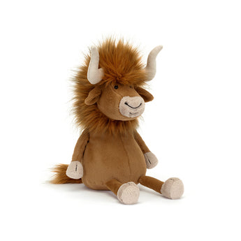 Jellycats Ramone Bull boasts silky brown fur, beige horns, and a smile, sitting upright against a white background.