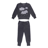 Lovedbabys Organic Coal Clouds Sweatshirt & Jogger Set is dark gray with a cloud and raindrop design, made from organic cotton.