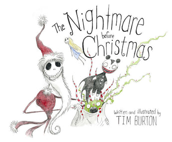 A whimsical illustration of Tim Burtons characters from The Nightmare Before Christmas on a vibrant Random House hardcover book.