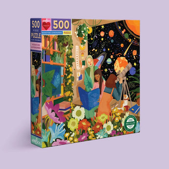 The Eeboo 500 Piece Puzzle, Bookstore Astronomers is vibrant, eco-friendly and perfect for any puzzle enthusiast.
