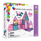 Magna-Tiles Castle: white & purple box with photo of purple, pink, & blue castle magnetic tile toys; text "Magna-Tiles Castle 25 Piece Set.”