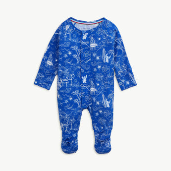 Magnetic Mes Magnetic Footie, Lilo+Stitch: Blue eco-friendly Modal fabric, white Hawaiian-themed illustrations, footed design, no overhead.