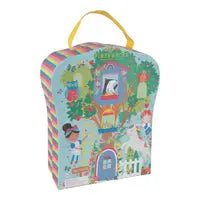 Floss and Rocks Play Box with Wooden Pieces, Rainbow Fairy features whimsical treehouse art, rainbow sides, and vibrant characters.